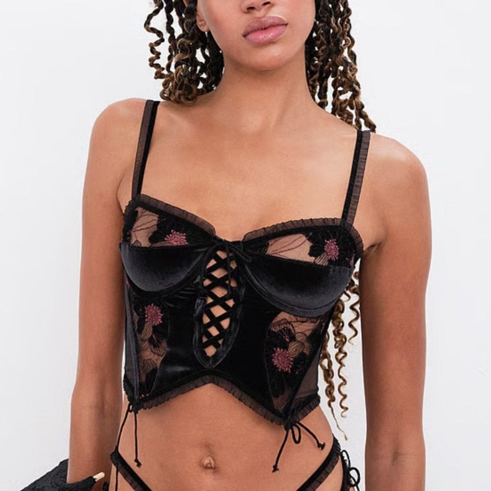 For Love And Lemons Black Lace-Up Bra
